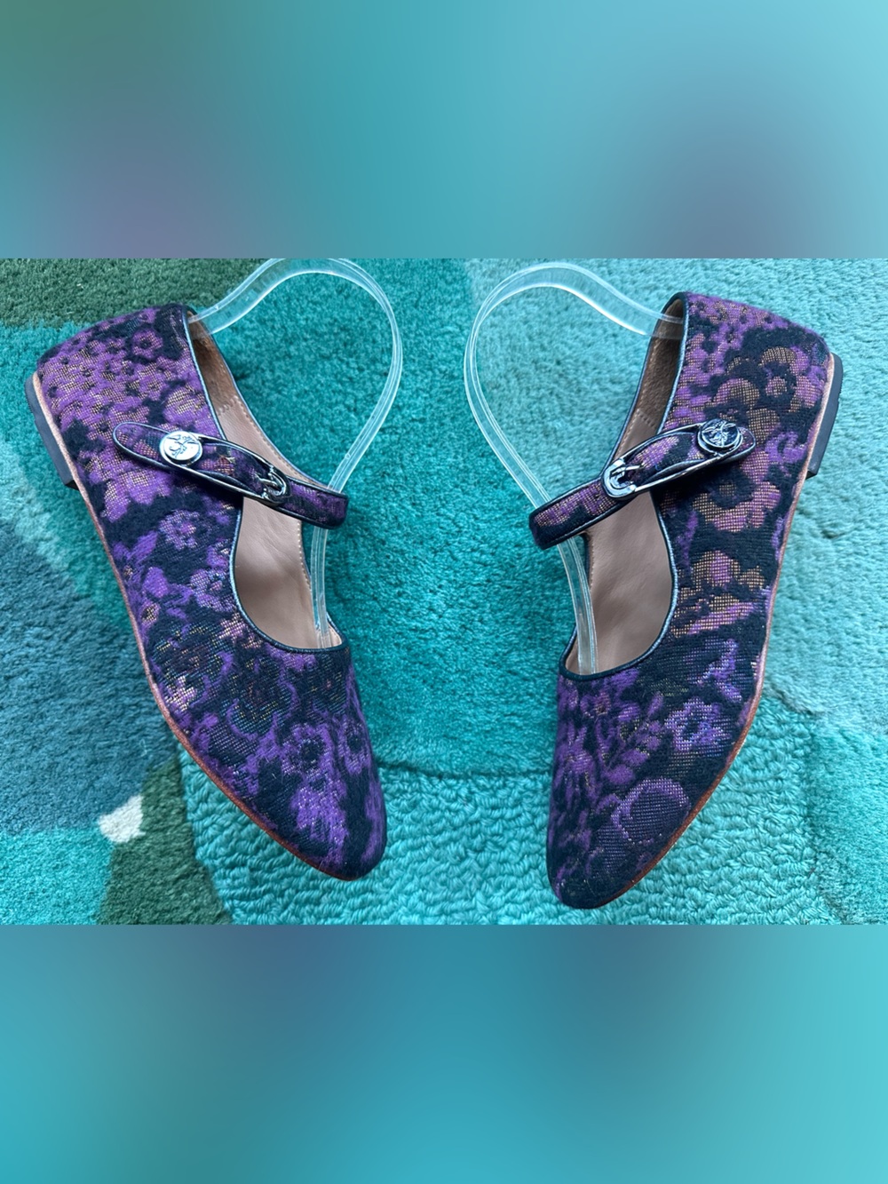SOLD!! Fluevog Softly Pirouette purple floral wool silver buckle MJ flat- 7 - Picture 10 of 16